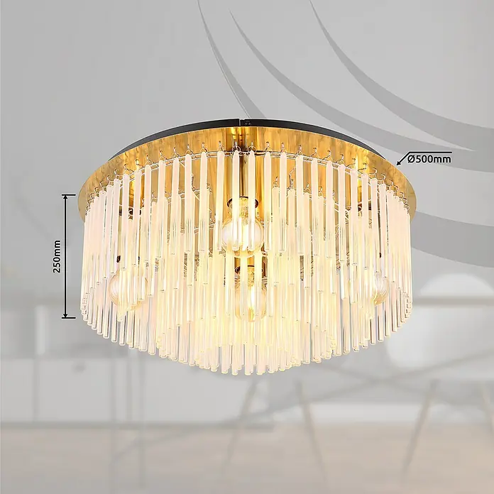 Globo Gorley Deckenleuchte rund - 60 W, Ø x H: 50 x 25 cm, Klar, Gold matt - Elegante Deckenleuchte mit goldenen Akzenten und klaren Glasstäben, Durchmesser 500mm, Höhe 250mm.