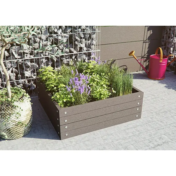 Kiehnholz Kräuterhochbeet - L x B x H: 70 x 70 x 24 cm - Das Bild zeigt einen erhöhten Pflanzkasten mit Pflanzen und einer Gießkanne im Hintergrund, ideal für Gartenliebhaber.