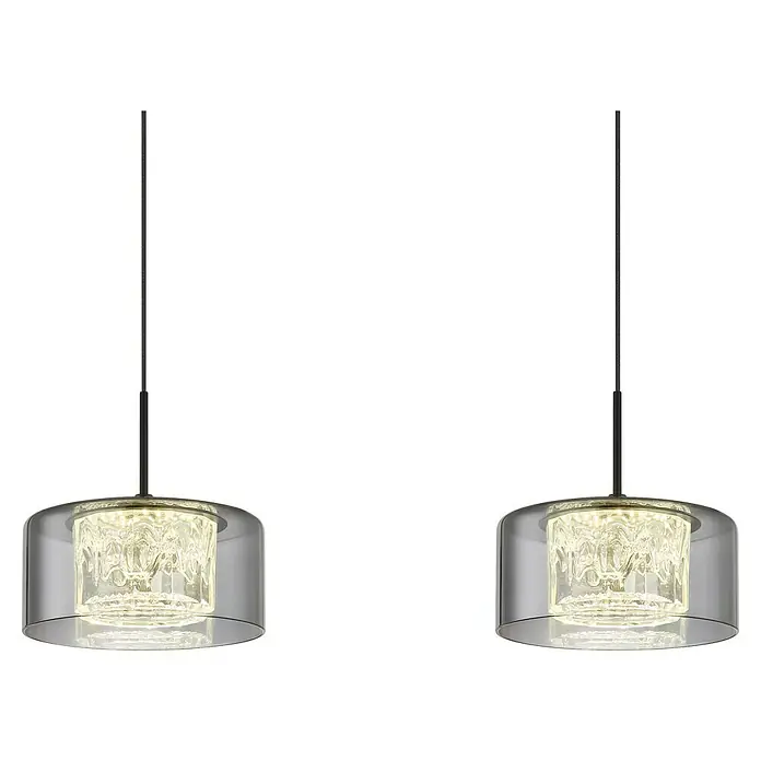 Globo LED-Pendelleuchte Fogsy - 32 W, L x B x H: 105 x 15 x 150 cm, Rauch, Schwarz matt - Zwei moderne Pendelleuchten mit grau getöntem Glas und einem zylindrischen, kristallartigen Innenteil, das ein warmes Licht ausstrahlt.