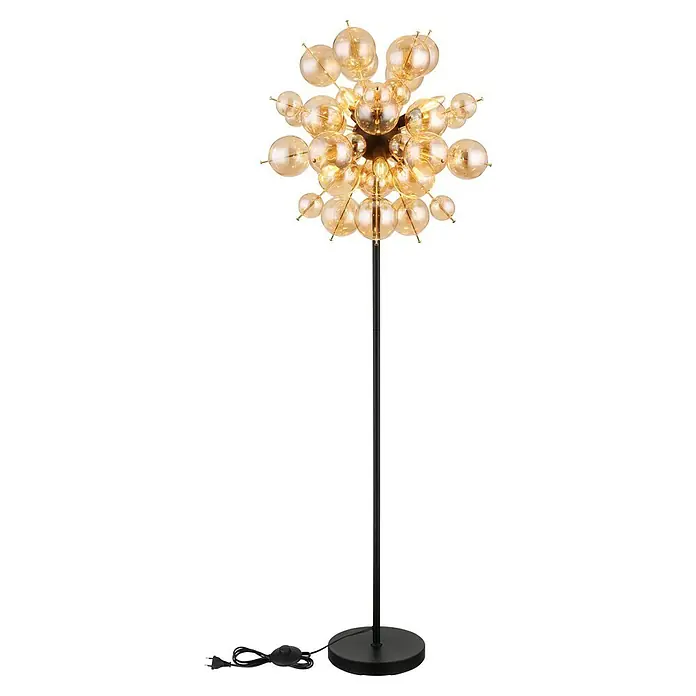 Globo Udo Stehleuchte - 25 W, Höhe: 155 cm, Schwarz matt, Amber - Elegante Stehlampe mit kugelförmigem Lampenschirm aus bernsteinfarbenem Glas und schwarzem Metallfuß, die ein warmes Licht ausstrahlt.