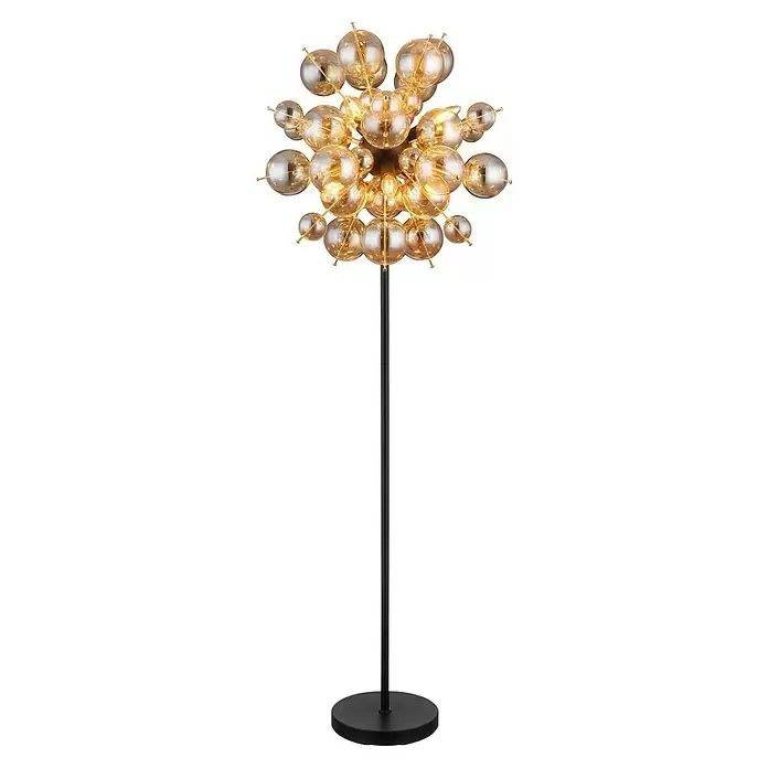 Globo Udo Stehleuchte - 25 W, Höhe: 155 cm, Schwarz matt, Amber - Goldene Kugellampen-Stehleuchte mit schwarzem Ständer und Fuß, ausgestattet mit einem kugelförmigen Cluster leuchtender Amber-Glaskugeln.