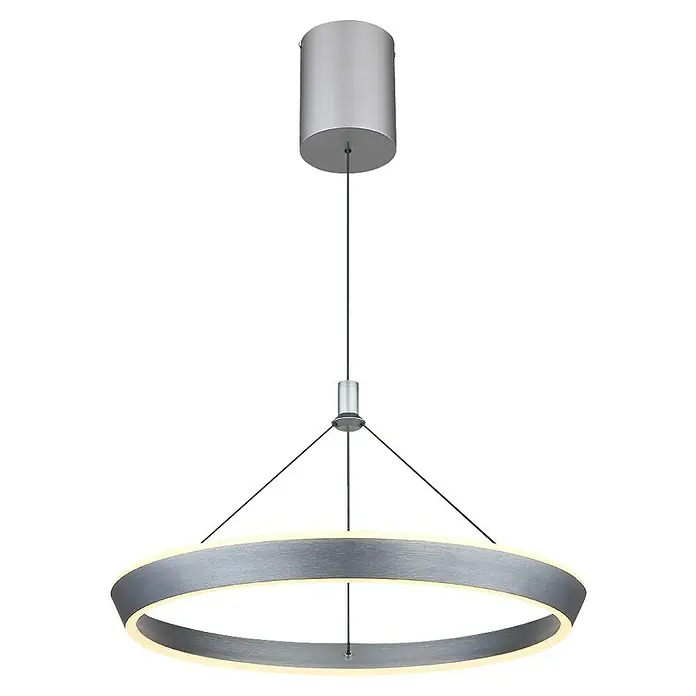 Globo LED-Pendelleuchte rund Ferra - 40 W, Ø x H: 50 x 180 cm, Titanfarben gebürstet, Warmweiß - Nahaufnahme einer modernen, kreisförmigen LED-Hängeleuchte in Silberoptik, die ein elegantes und helles Ambiente verspricht.