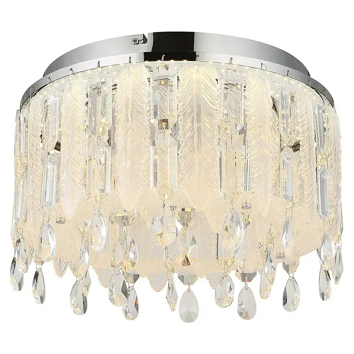Globo Klunka LED-Deckenleuchte rund - 38 W, Ø x H: 40 x 26 cm, Klar, Silber verchromt, Warmweiß - Moderne LED-Deckenleuchte mit verchromter Fassung und dekorativen Kristallanhängern für eine stilvolle Beleuchtung.