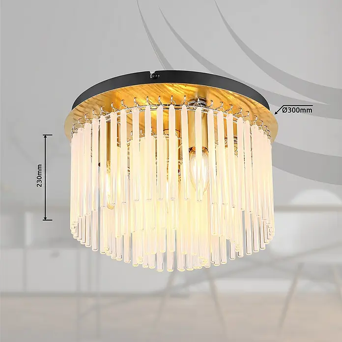 Globo Gorley Deckenleuchte rund - 40 W, Ø x H: 32 x 23 cm, Klar, Gold matt - Stilvolle Deckenleuchte mit klaren Glasstäben und goldfarbenen Akzenten, ideal für moderne Wohnräume.