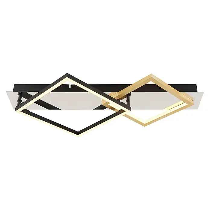 Globo LED-Deckenleuchte Lesina - 24 W, Silber verchromt, Gold gebürstet, Warmweiß - Moderne Deckenleuchte mit zwei ineinandergreifenden Quadraten in Schwarz und Gold. Elegantes Design für stilvolle Innenräume.