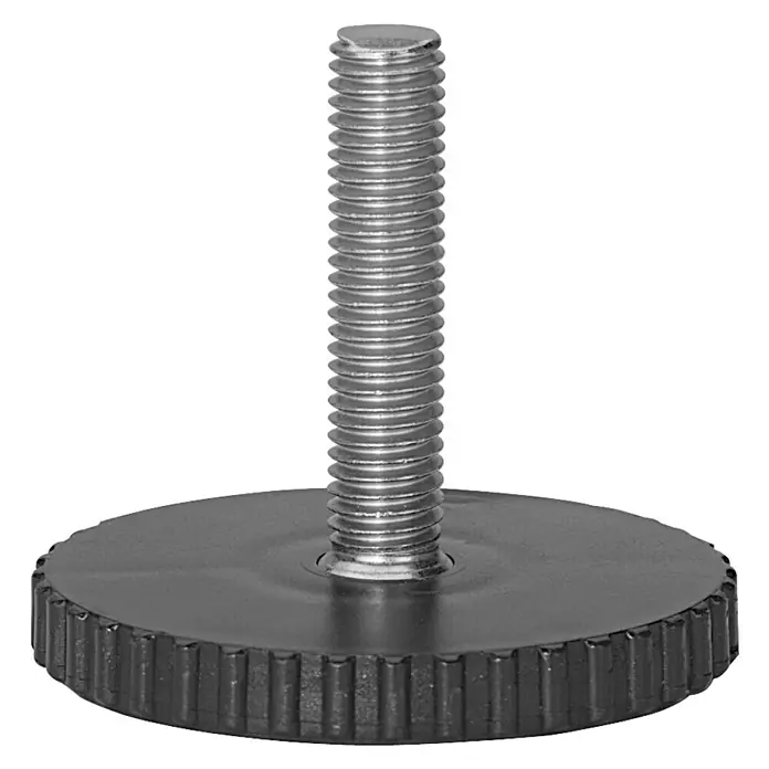 Hettich Regulierschrauben - Durchmesser: 45 mm, M 10 - Das Bild zeigt einen schwarzen Nivellierfuß mit einer silberfarbenen Gewindeschraube. Ideal für Möbel und Geräte.