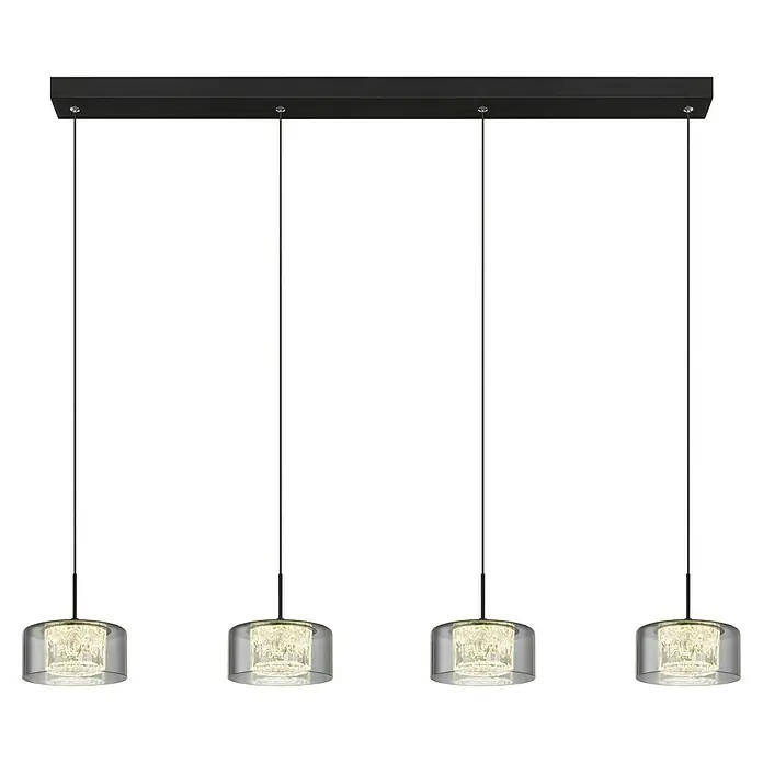 Globo LED-Pendelleuchte Fogsy - 32 W, L x B x H: 105 x 15 x 150 cm, Rauch, Schwarz matt - Elegante Pendelleuchte mit vier Lampen. Schwarze Halterung mit Kristallglaslampen für stilvolle Beleuchtung im Raum.