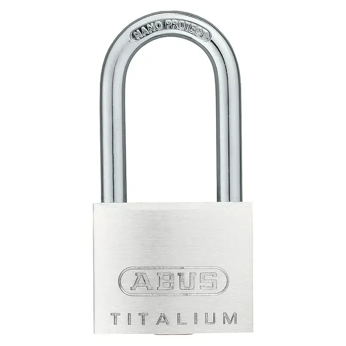 Abus Titalium Candado 64TI/40HB40 - An x Al: 40 x 79 mm, Arco alto - Primer plano de un candado ABUS Titalium, que ofrece seguridad y protección para diversas aplicaciones.