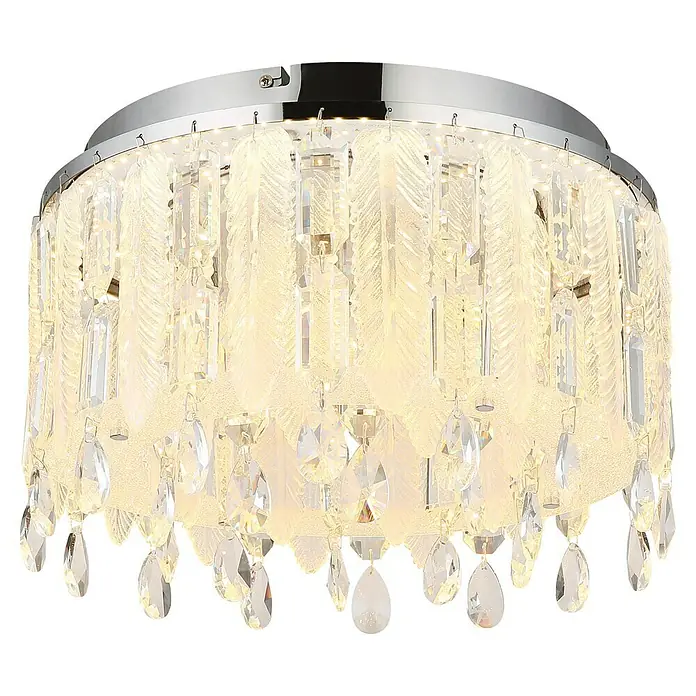 Globo Klunka LED-Deckenleuchte rund - 38 W, Ø x H: 40 x 26 cm, Klar, Silber verchromt, Warmweiß - Nahaufnahme einer eleganten Deckenleuchte mit Kristallverzierungen, die ein warmes, einladendes Licht verbreitet.