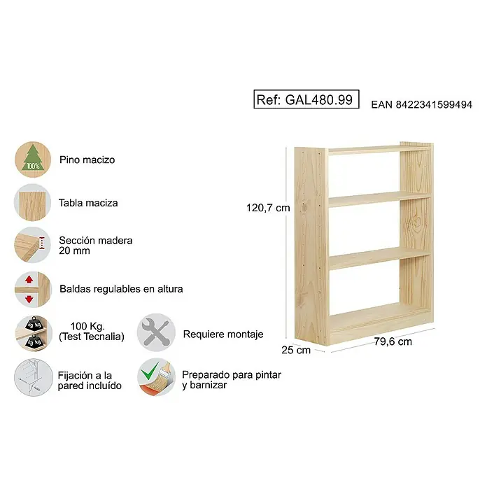 Astigarraga Gala Estantería de madera - Al x An x Pr: 120,7 x 79,6 x 25 cm, Capacidad de carga por balda: 100 kg, Número de baldas: 4 ud., Atornillado, Natural - Imagen de una estantería de madera de pino maciza con tres baldas regulables, ideal para pintar y barnizar.