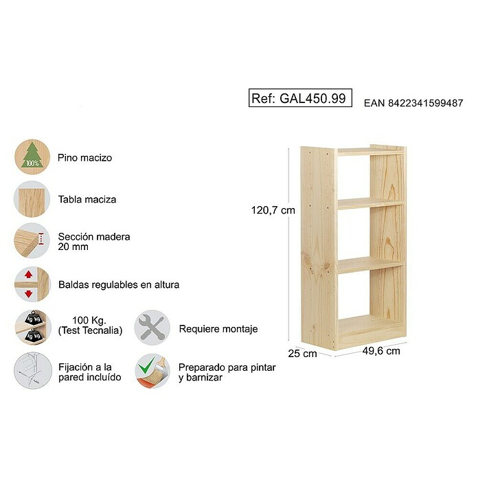 Astigarraga Gala Estantería de madera (Al x An x Pr: 120,7 x 49,6 x 25 cm, Capacidad de carga por balda: 100 kg, Número de baldas: 4 ud., Natural) | BAUHAUS