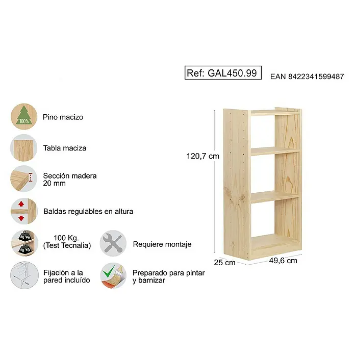 Astigarraga Gala Estantería de madera - Al x An x Pr: 120,7 x 49,6 x 25 cm, Capacidad de carga por balda: 100 kg, Número de baldas: 4 ud., Atornillado, Natural - Librería de pino macizo con tres estantes regulables, ideal para pintar y barnizar. Dimensiones de esta librería 120,7 x 49,6 x 25 cm.