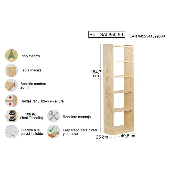 Astigarraga Gala Estantería de madera - Al x An x Pr: 184,7 x 49,6 x 25 cm, Capacidad de carga por balda: 100 kg, Número de baldas: 6 ud., Atornillado, Natural - Imagen de una estantería alta y estrecha de madera clara con varios estantes y detalles de medidas.