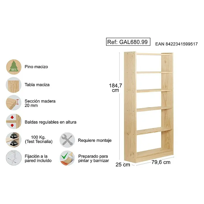 Astigarraga Gala Estantería de madera - Al x An x Pr: 184,7 x 79,6 x 25 cm, Capacidad de carga por balda: 100 kg, Número de baldas: 6 ud., Atornillado, Natural - Imagen de una estantería GAL680.99 de madera maciza de pino con baldas regulables, que mide 184,7 x 79,6 x 25 cm.