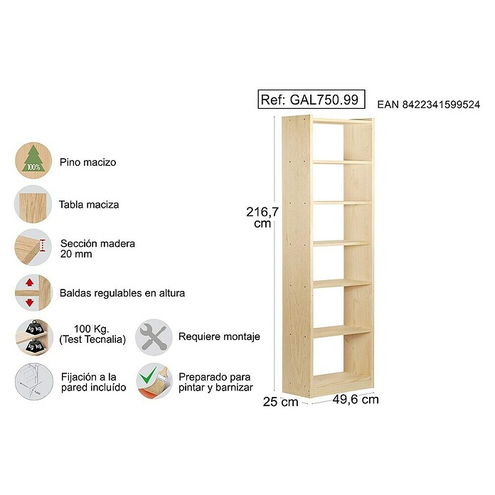 Astigarraga Gala Estantería de madera (Al x An x Pr: 216,7 x 49,6 x 25 cm, Capacidad de carga por balda: 100 kg, Número de baldas: 7 ud., Natural) | BAUHAUS