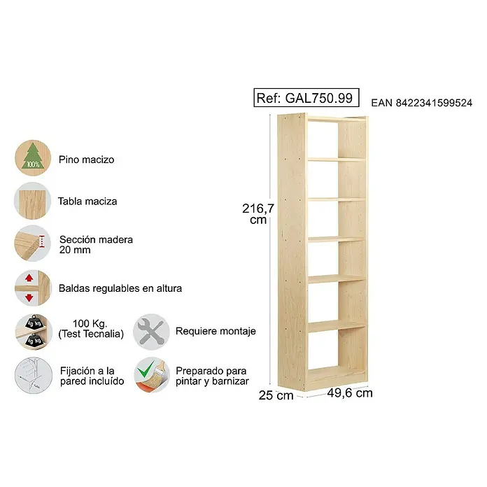 Astigarraga Gala Estantería de madera - Al x An x Pr: 216,7 x 49,6 x 25 cm, Capacidad de carga por balda: 100 kg, Número de baldas: 7 ud., Atornillado, Natural - Imagen de una estantería alta de madera clara con cinco estantes ajustables, ideal para espacios de estar.