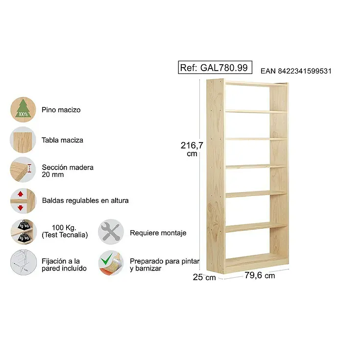 Astigarraga Gala Estantería de madera - Al x An x Pr: 216,7 x 79,6 x 25 cm, Capacidad de carga por balda: 100 kg, Número de baldas: 7 ud., Atornillado, Natural - Imagen de una librería de pino macizo con estantes regulables, lista para el montaje y para pintar o barnizar.