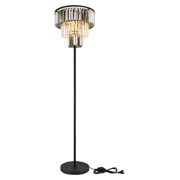 Globo Naxis Stehleuchte - Höhe: 160 cm, Schwarz matt, Klar - Elegante Stehlampe mit mehrstufigem Kristallschirm. Diese Lampe ist ein stilvolles Highlight für jeden Raum und sorgt für ein warmes, einladendes Licht.