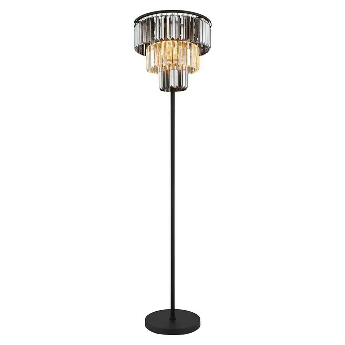 Globo Naxis Stehleuchte - Höhe: 160 cm, Schwarz matt, Klar - Elegante Stehlampe mit dreistufigem Lampenschirm aus klarem Kristall, der ein warmes Licht erzeugt. Der schlanke, schwarze Ständer sorgt für Stabilität.