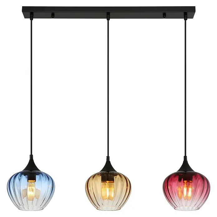 Globo LED-Pendelleuchte Sander - 60 W, L x B x H: 80 x 18 x 150 cm, Amber, Blau, Rot, Schwarz matt - Dreifache Pendelleuchte mit bunten Glasschirmen und schwarzer Aufhängung für stilvolle Beleuchtung.