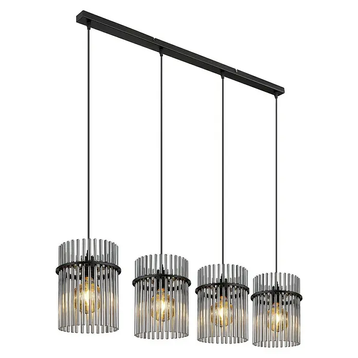 Globo Gorley Pendelleuchte - 60 W, L x B x H: 110 x 20 x 140 cm, Rauch, Schwarz matt - Elegante Pendelleuchte mit vier zylindrischen Lampenschirmen aus klarem Glas und schwarzem Metallrahmen, die ein warmes Licht verbreiten.