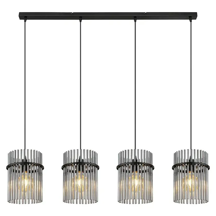Globo Gorley Pendelleuchte - 60 W, L x B x H: 110 x 20 x 140 cm, Rauch, Schwarz matt - Elegante Pendelleuchte mit vier zylindrischen Lampenschirmen aus Kristallstäben und schwarzen Akzenten, die ein warmes Licht verbreiten.