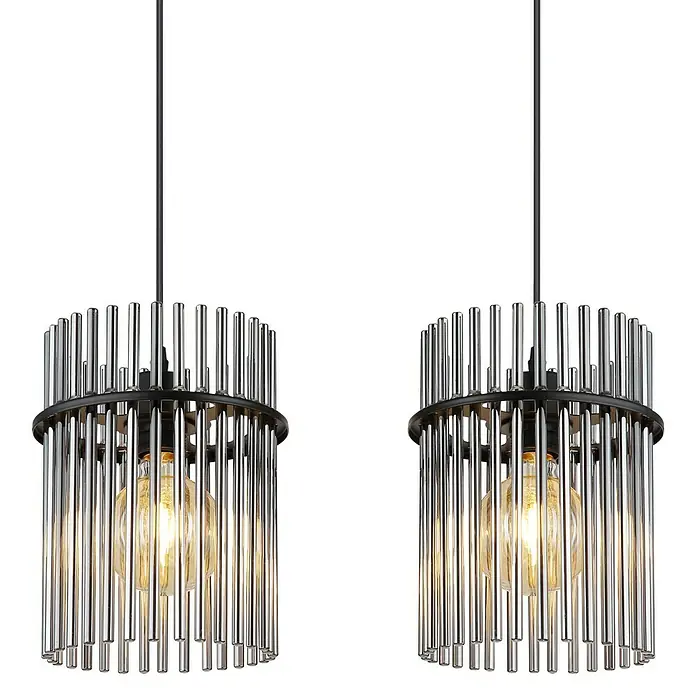 Globo Gorley Pendelleuchte - 60 W, L x B x H: 110 x 20 x 140 cm, Rauch, Schwarz matt - Zwei stilvolle Pendelleuchten mit einem zylindrischen Schirm aus glänzenden Metallstäben und warmem Licht, perfekt für moderne Innenräume.