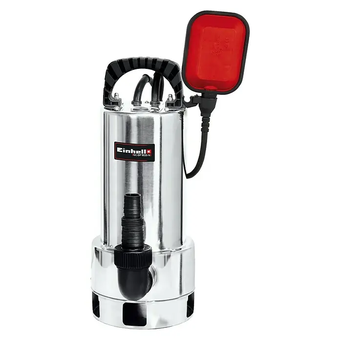 Einhell Schmutzwasserpumpe GC-DP 9035 N - 900 W, Max. Fördermenge: 18.000 l/h, Eintauchtiefe: 5 m - Abgebildet ist eine Einhell GC-DP 9035 N Schmutzwasserpumpe aus Edelstahl mit Schwimmerschalter und Tragegriff.