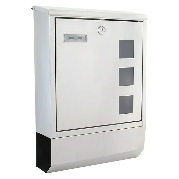 Rottner Wandbriefkasten Corto Inox - L x B x H: 43,5 x 30 x 10 cm, Silber, Edelstahl, Zeitungsfach - Silberfarbener Briefkasten aus Edelstahl mit drei quadratischen Fenstern und einem Schloss für mehr Sicherheit.