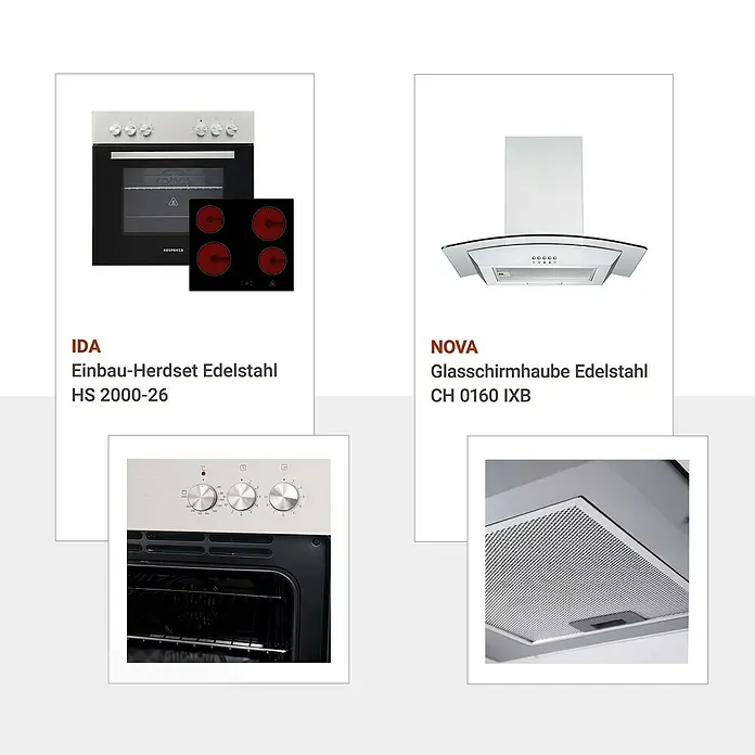 Respekta Küchenzeile Cuisine KB270ESWGCBO - Breite: 270 cm, Weiß, Mit Elektrogeräten - Produktdarstellung: IDA Einbau-Herdset Edelstahl HS 2000-26 und NOVA Glasschirmhaube Edelstahl CH 0160 IXB im Set.