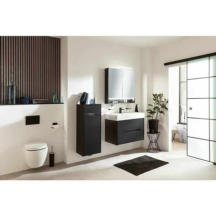 Camargue Curve Waschtischunterschrank - B x T x H: 80 x 44,7 x 50,7 cm, Schwarz - Modernes Badezimmer-Design mit hängendem WC, Waschtischunterschrank und Spiegelschrank in Schwarz und Weiß für ein stilvolles Ambiente.