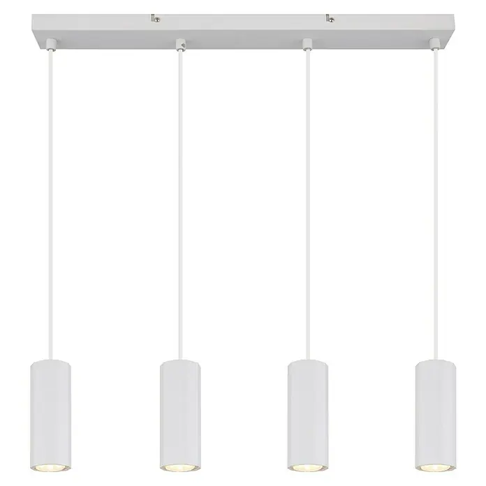 Globo James Pendelleuchte - 25 W, L x B x H: 61 x 6 x 120 cm, Weiß - Eine moderne weiße Vierfach-Hängeleuchte mit zylindrischen Lampenschirmen, die ein helles, gerichtetes Licht nach unten werfen.