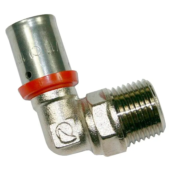 Isoltubex Codo multicapa roscado M - 16 mm, Rosca exterior: ½″ - Un accesorio de codo metálico de 90 grados con conexión de prensado y un conector macho roscado, ideal para fontanería y calefacción.