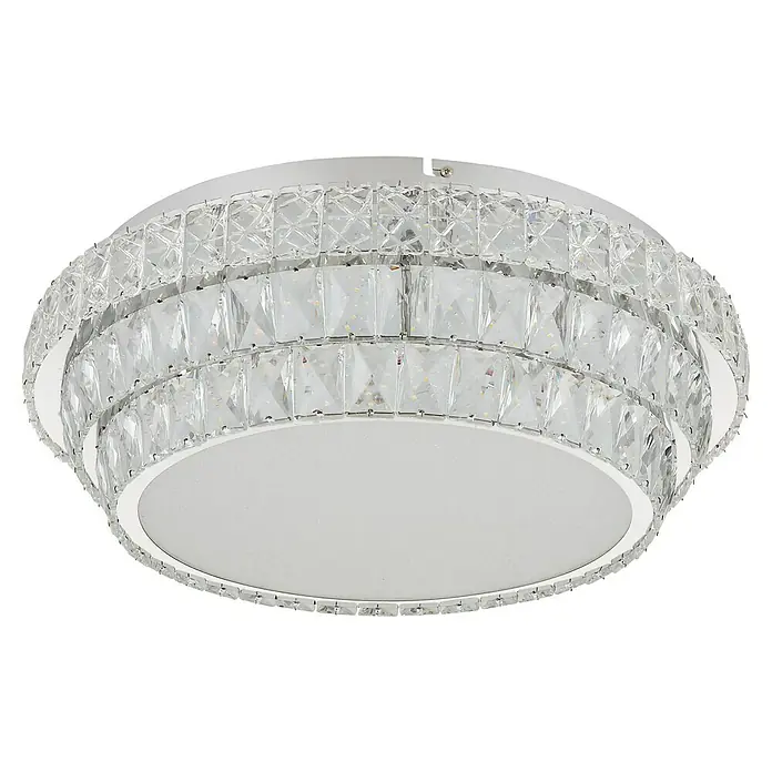 Globo LED-Deckenleuchte rund Klara - 48 W, Klar, Klar, Mehrfarbig, Ø x H: 50 x 15,5 cm - Nahaufnahme einer eleganten runden Deckenleuchte mit funkelnden Kristallen und einem sanften, diffusen Licht für stilvolle Beleuchtung.
