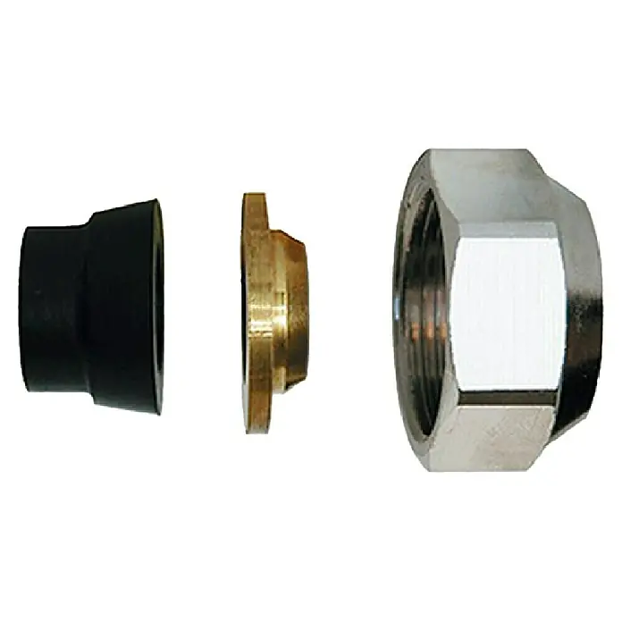 Válvula para radiador + detentor Cobre - Diámetro: 15 mm, ½″ - Primer plano de una instalación de fontanería desmontada, que consta de una junta negra, un anillo dorado y una tuerca plateada.
