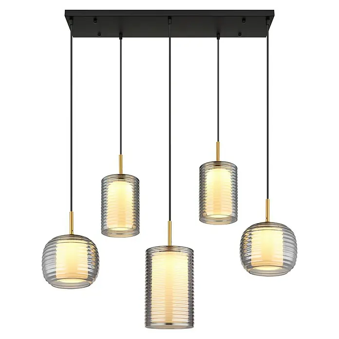 Globo LED-Pendelleuchte Lampigna - 40 W, L x B x H: 93 x 31,5 x 150 cm, Weiß opal, Schwarz matt - Elegante Pendelleuchte mit fünf zylindrischen und kugelförmigen Glasschirmen, die ein warmes Licht verbreiten. Ideal für moderne Wohnräume.