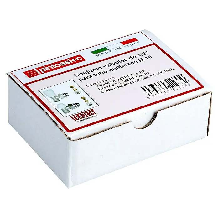 Válvula para radiador + detentor Multicapa - Diámetro: 16 mm, ½″ - Un paquete de válvulas "Pintossi+C" de 1/2" para tubos multicapa de Ø 16, fabricado en Italia, con código de barras y logo "TRADESA".