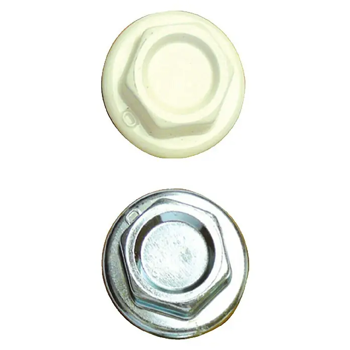 Tapón radiador ciego derecha - ⅛″ - Primer plano de dos tapones de drenaje de aceite de motor, uno de color crema y otro de color plata, diseñados para proporcionar un cierre hermético para el aceite del motor.