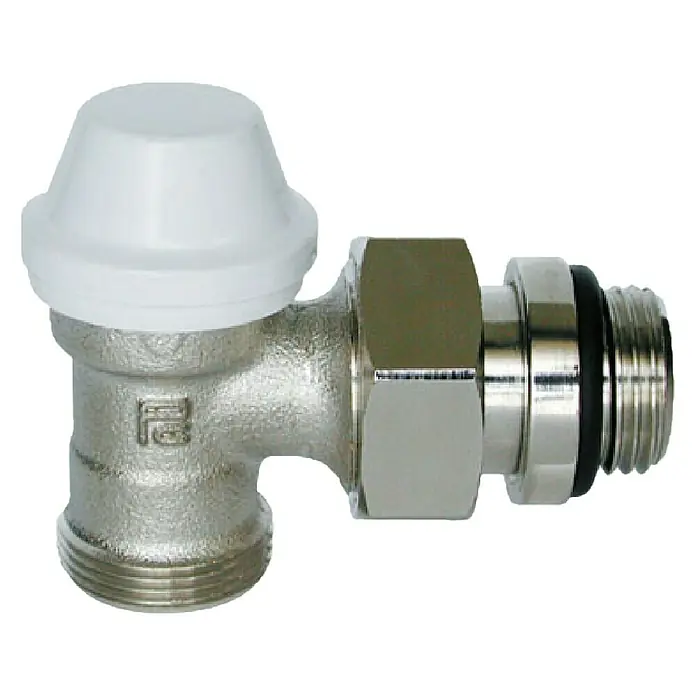 Válvula para radiador + detentor Multicapa - Diámetro: 16 mm, ½″ - Racor angular con tapón blanco y conexión roscada. Ideal para instalaciones de fontanería y calefacción.