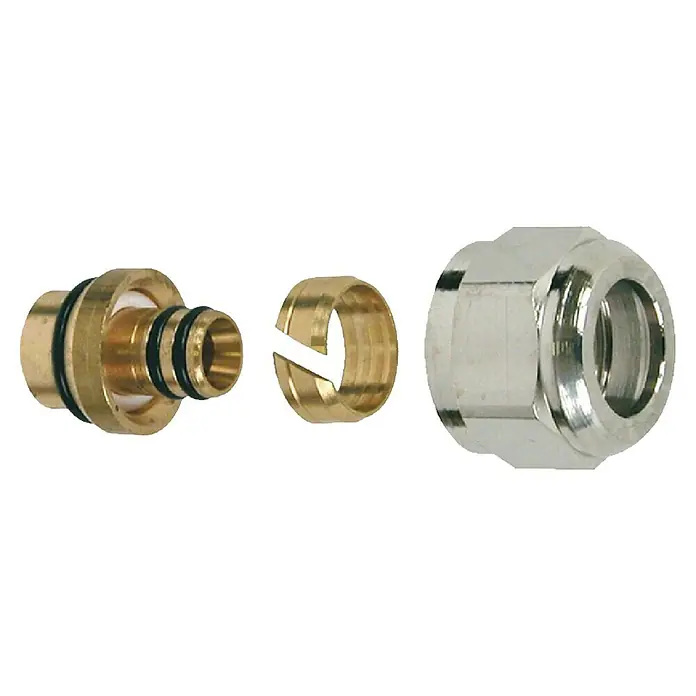 Válvula para radiador + detentor Multicapa - Diámetro: 16 mm, ½″ - La imagen muestra un accesorio de compresión de latón, que consta de un niple, una arandela de aplastamiento y una tuerca, utilizada para conectar tuberías.