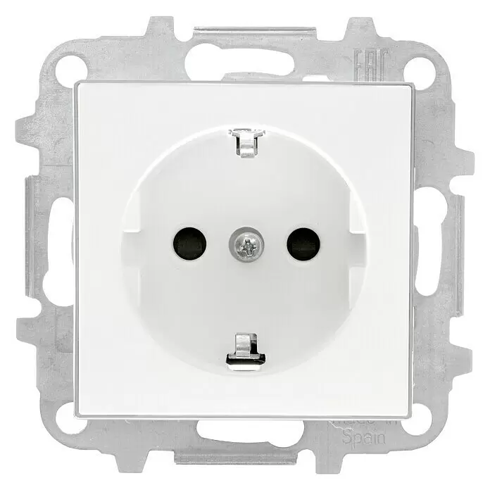 Niessen Sky Enchufe - Blanco, Plástico - Enchufe eléctrico blanco con marco de montaje metálico, con dos orificios de corriente y pinza de tierra.