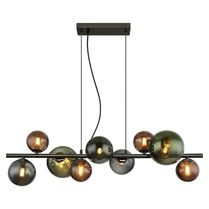 Globo Riha LED-Pendelleuchte - 3,5 W, L x B x H: 86 x 36 x 120 cm, Rauch, Grau matt - Moderne Hängelampe mit mehreren Glasschirme in verschiedenen Farben, die an einer horizontalen Stange befestigt sind.