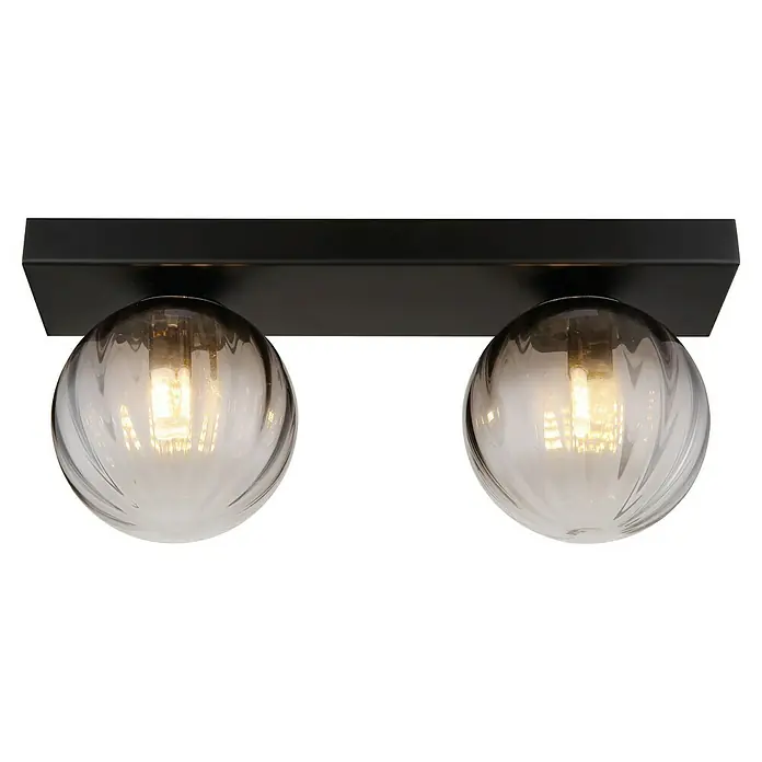 Globo Dallerta Wandleuchte - 10 W, L x B x H: 35 x 12 x 15 cm, Schwarz matt, Rauch - Moderne Deckenleuchte mit zwei grauen Kugelschirmen unter einem schwarzen Balken, die ein warmes, einladendes Licht spendet.