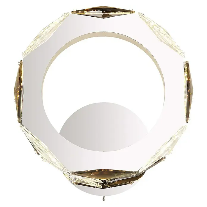 Globo Karilion LED-Wandleuchte rund - 8 W, Ø x H: 24 x 25,5 cm, Silber verchromt, Klar, Warmweiß - Nahaufnahme einer modernen weißen Ring-Deckenleuchte mit bernsteinfarbenen und klaren Kristalldetails, die ein stilvolles Ambiente schafft.