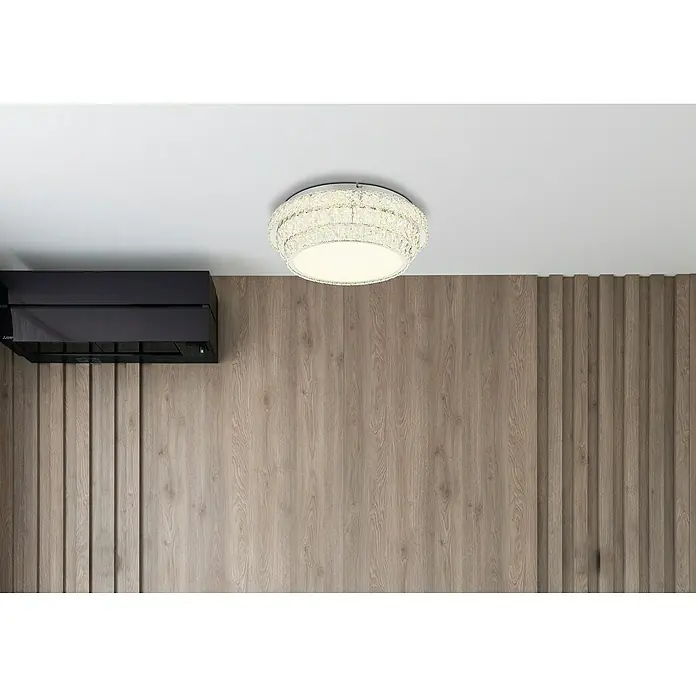 Globo LED-Deckenleuchte rund Klara - 48 W, Klar, Klar, Mehrfarbig, Ø x H: 50 x 15,5 cm - Nahaufnahme einer modernen, runden Deckenleuchte mit Kristallverzierungen, die für einen eleganten Touch in jedem Raum sorgt.