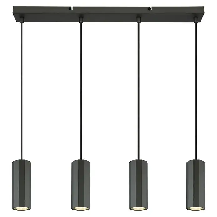 Globo James Pendelleuchte - 25 W, L x B x H: 61 x 6 x 120 cm, Grau matt - Schwarze Pendelleuchte mit vier zylindrischen Lampenschirmen, die ein modernes und elegantes Lichtdesign bieten.