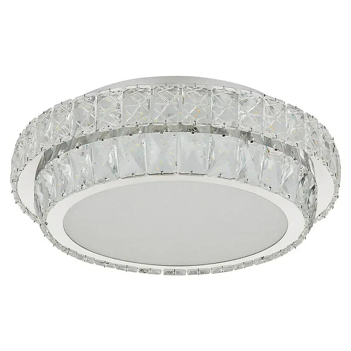 Globo LED-Deckenleuchte rund Klara - 38 W, Klar, Klar, Mehrfarbig, Ø x H: 40 x 11,5 cm - Nahaufnahme einer modernen Deckenleuchte mit Kristallverzierungen, die Eleganz und zeitgenössisches Design vereint.