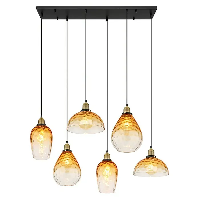 Globo Salvy Pendelleuchte - 60 W, L x B x H: 100 x 39 x 130 cm, Amber, Schwarz matt - Eine stilvolle Hängeleuchte mit sechs bernsteinfarbenen Glasschirmen, die ein warmes und einladendes Licht verbreiten. Ideal für Esszimmer.