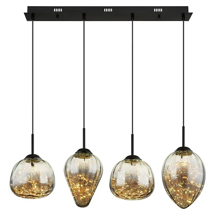 Globo LED-Pendelleuchte Firefly - 32 W, L x B x H: 91 x 20 x 120 cm, Rauch, Schwarz matt - Eine moderne Pendelleuchte mit vier Glaslampen und warmen Lichterketten für eine gemütliche Atmosphäre.