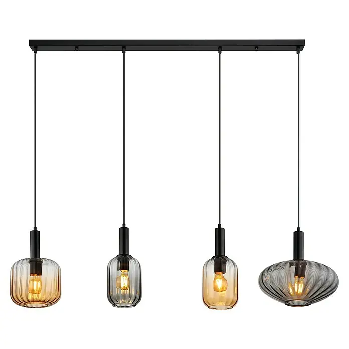Globo Pendelleuchte Valletta - 60 W, L x B x H: 127 x 30 x 150 cm, Amber, Schwarz matt - Pendelleuchte mit vier verschieden geformten Glasschirmen und einer schwarzen Halterung für ein elegantes Ambiente.